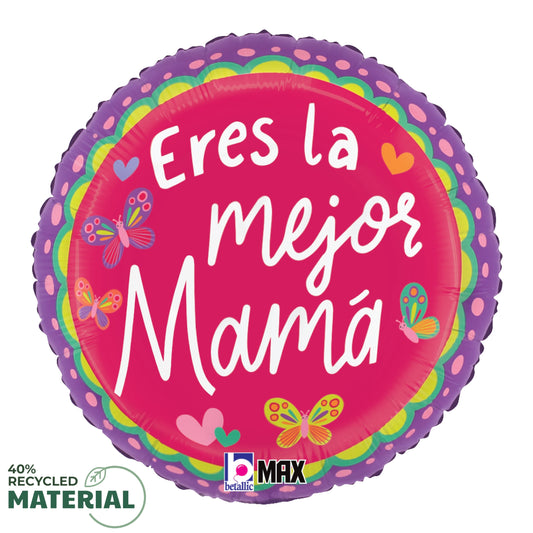 Round pink foil balloon with purple scalloped edge, colorful butterflies, and white Spanish text "Eres la mejor Mamá".