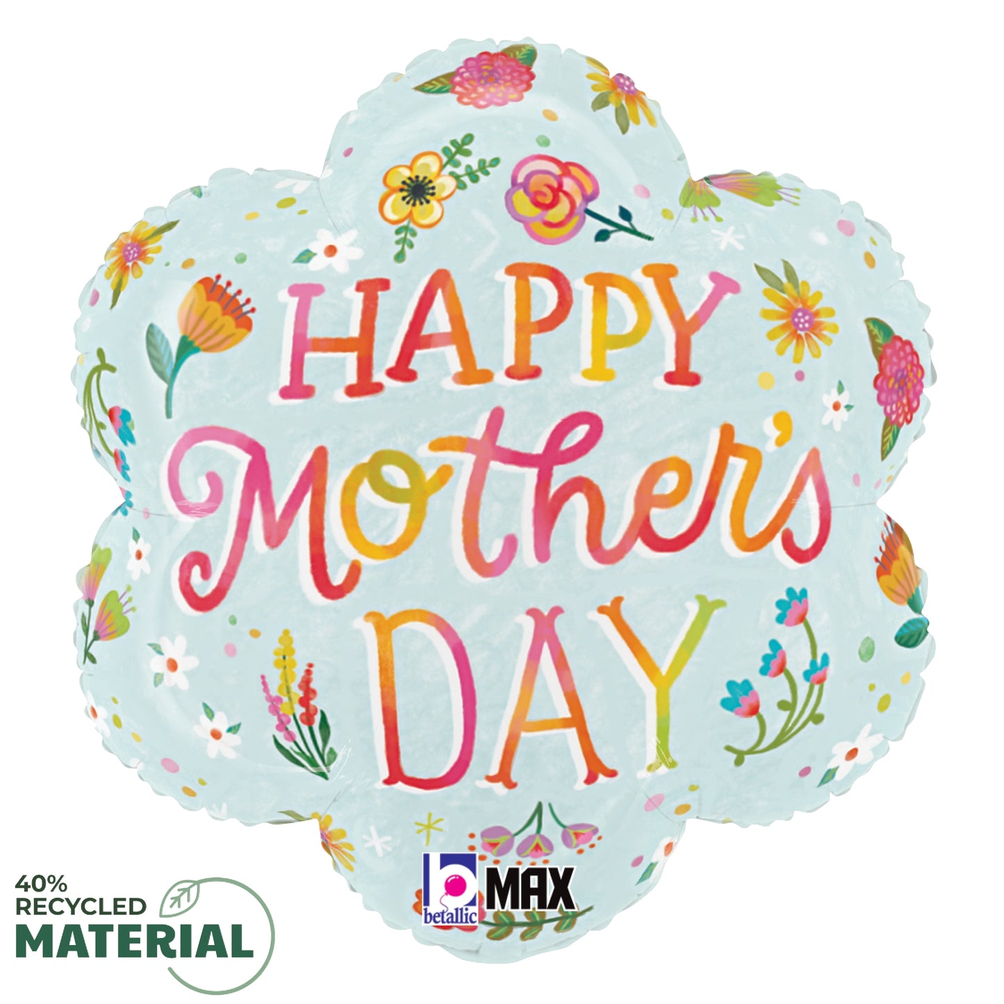 Light blue flower-shaped foil balloon with colorful floral illustrations and "Happy Mother's Day" in bright, playful letters.