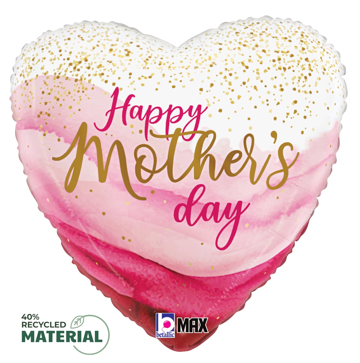 Heart-shaped balloon with pink and white gradient, gold confetti accents, and "Happy Mother's Day" text in pink and gold.