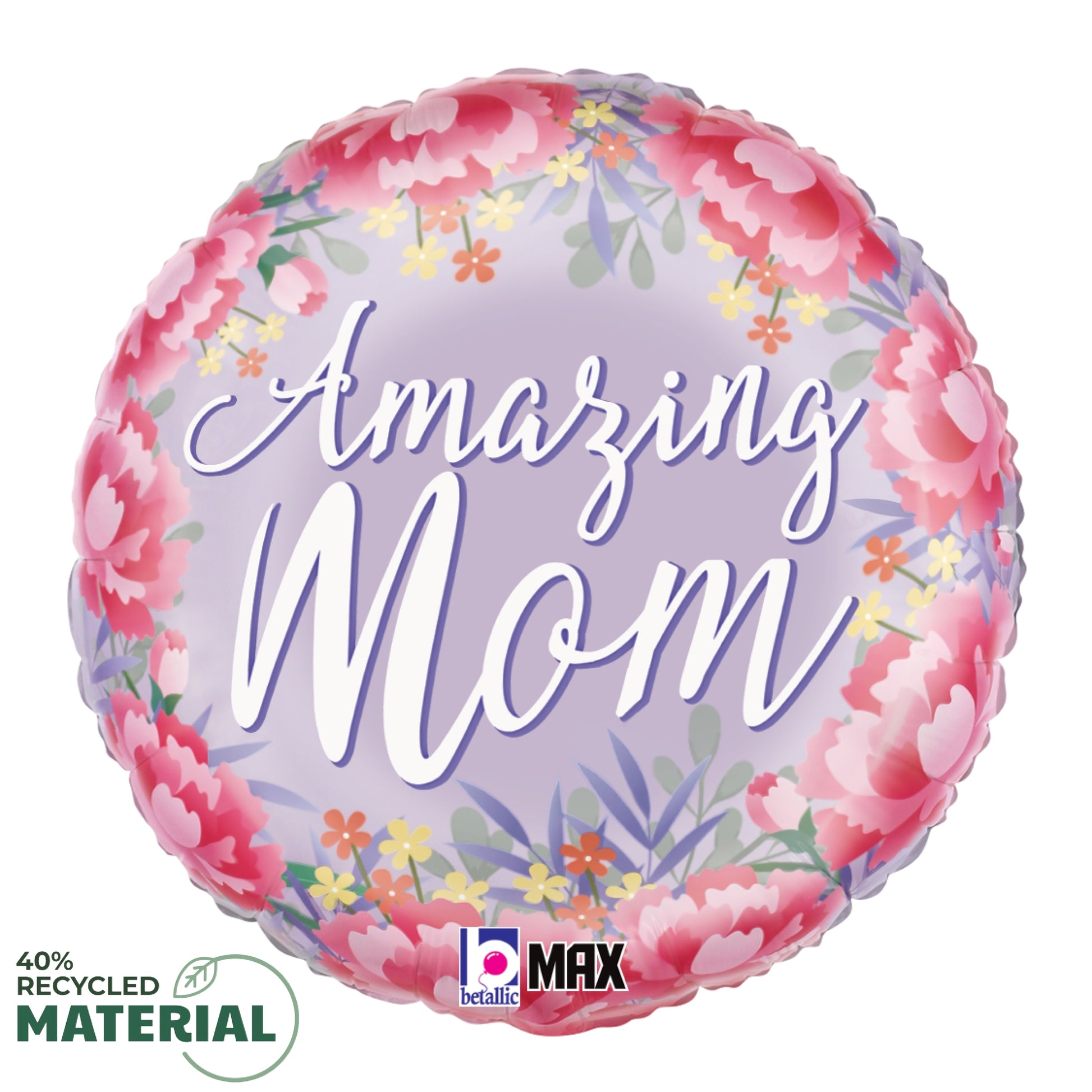 Round lavender balloon with pink and red floral border and white "Amazing Mom" script text.
