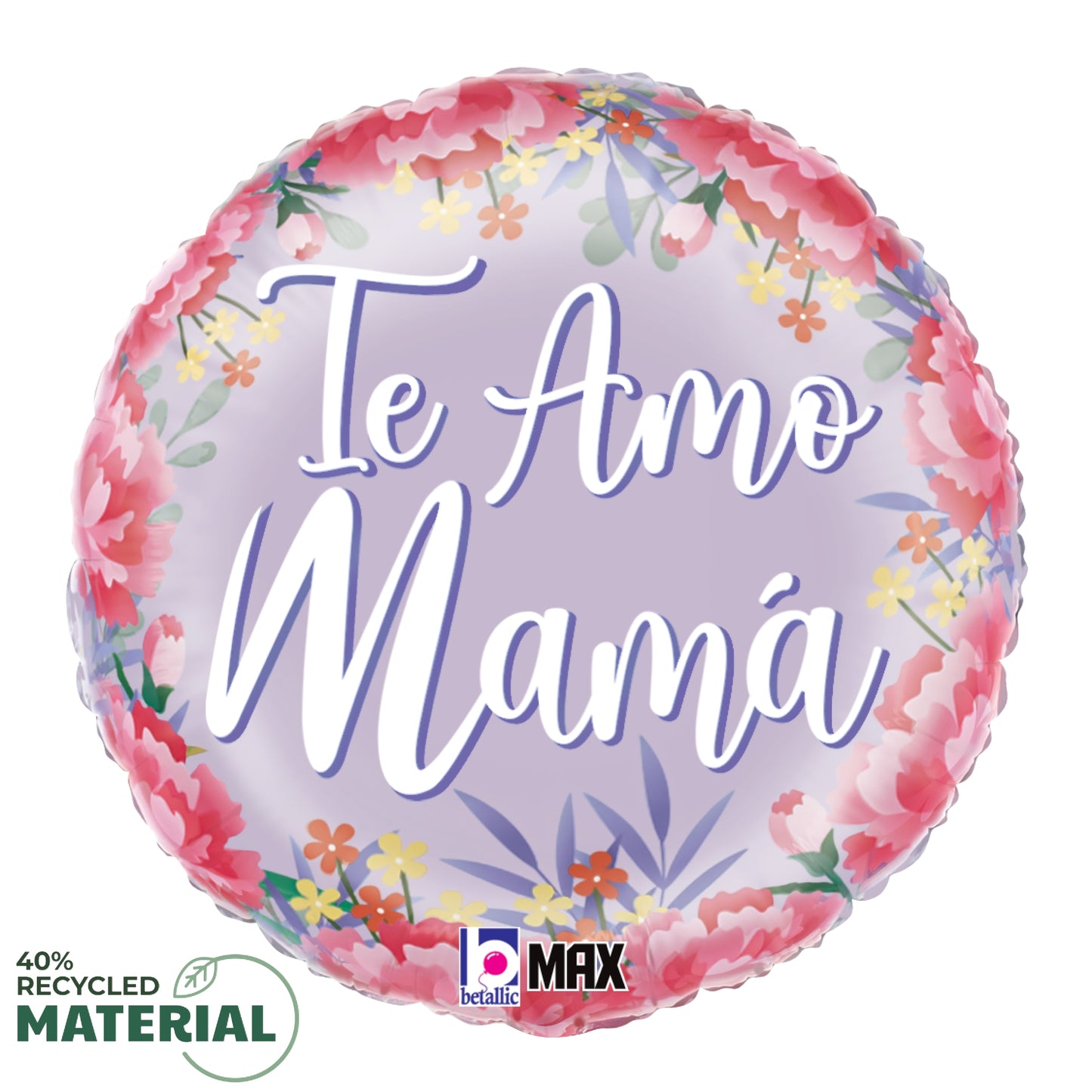 Round lavender balloon with pink floral border and white script "Te Amo Mamá" text.
