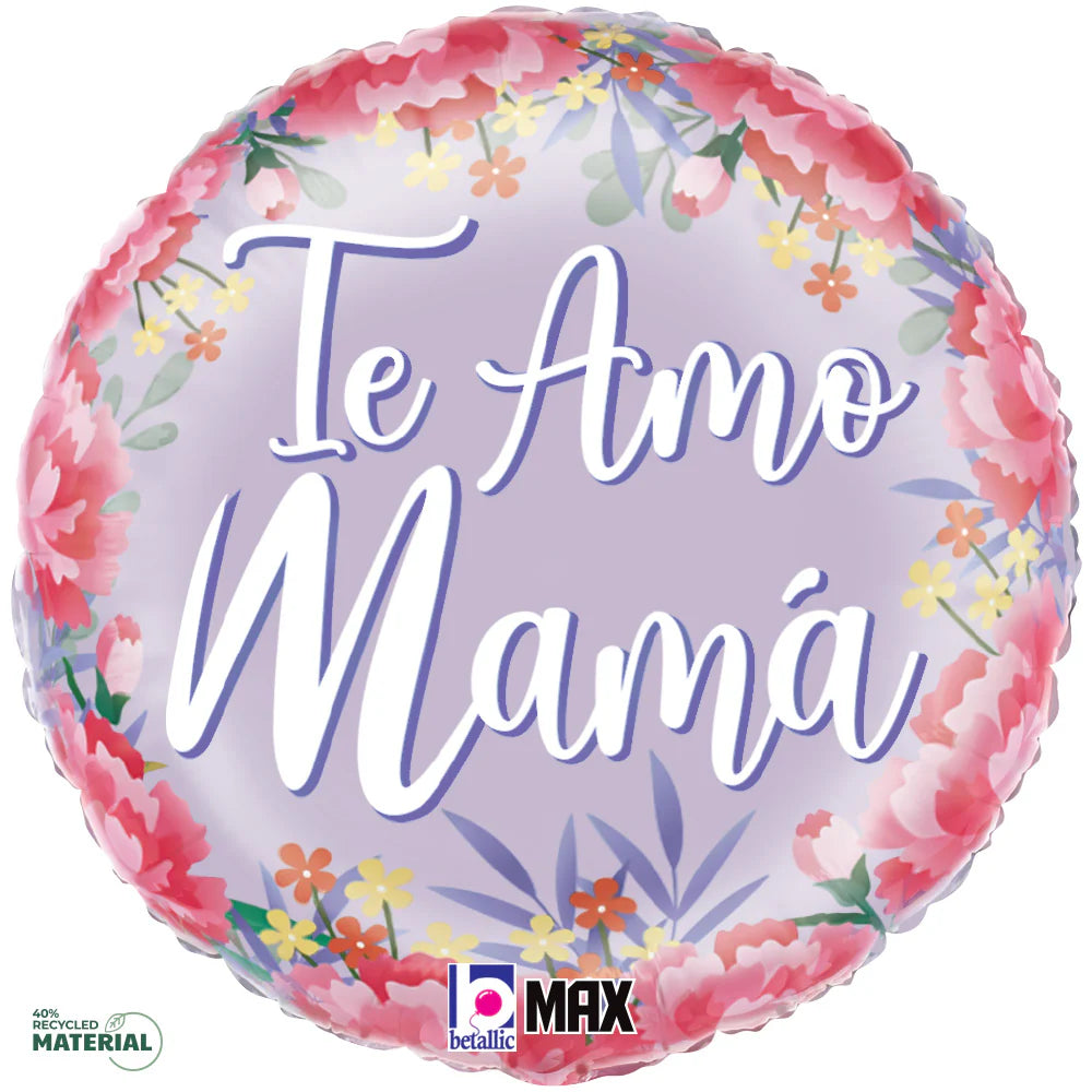 Round 18-inch lavender foil balloon with pink floral border and "Te Amo Mamá" white script text.