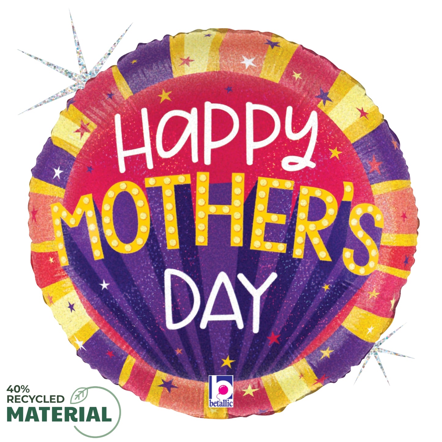 Round 18-inch holographic balloon with glitter, colorful star border, and "Happy Mother's Day" text in white and yellow.