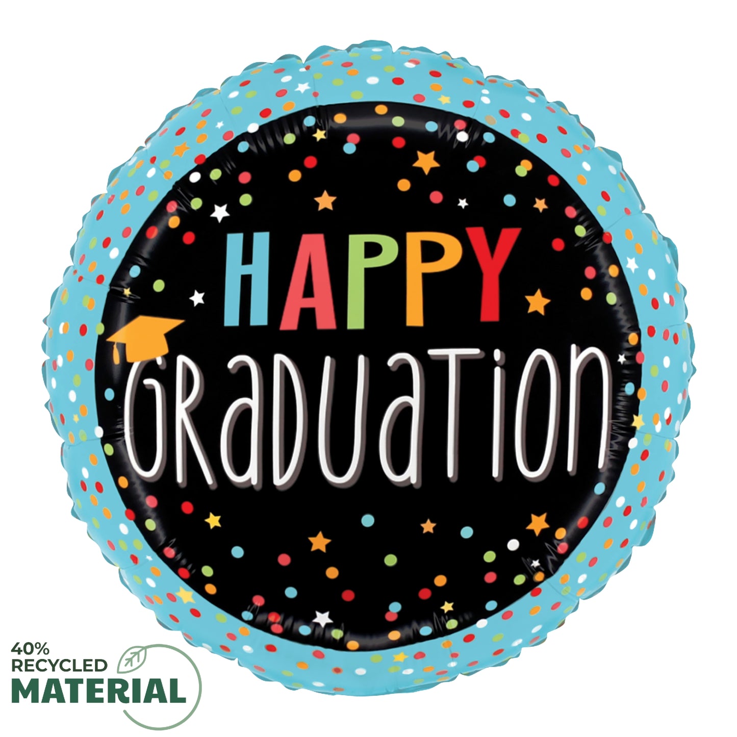 Round black foil balloon with blue scalloped edge, colorful stars, and "Happy Graduation" text in bright letters.