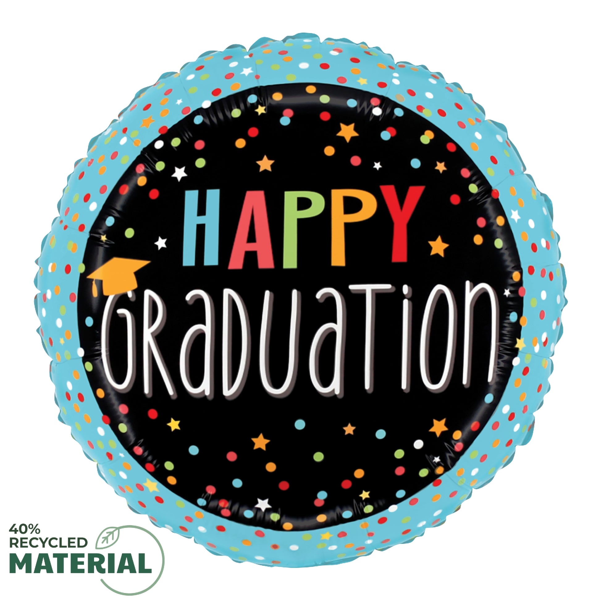 Round black foil balloon with blue scalloped edge, colorful stars, and "Happy Graduation" text in bright letters.