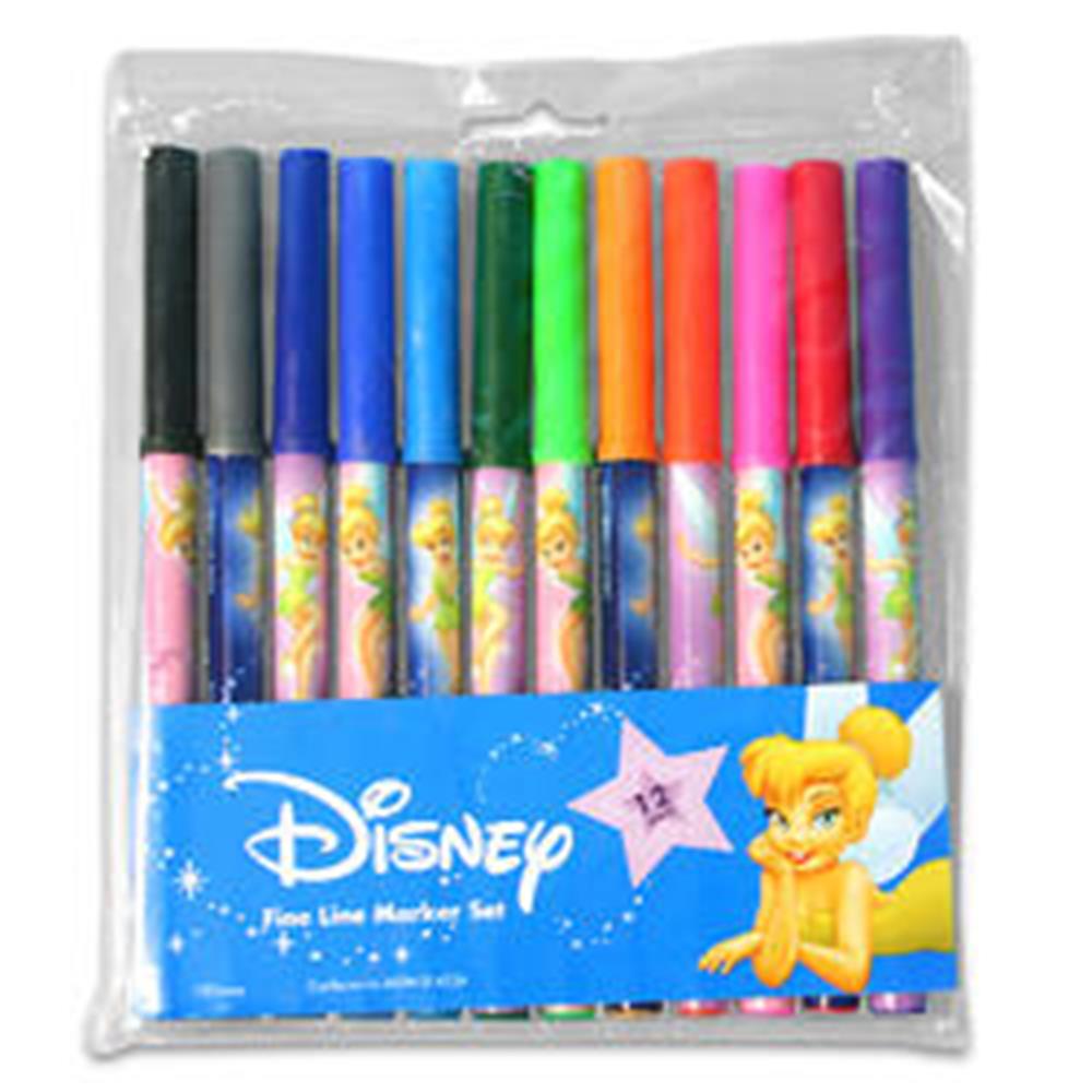 Set of 12 fine line markers in various colors with Tinkerbell-themed labels and Disney packaging.