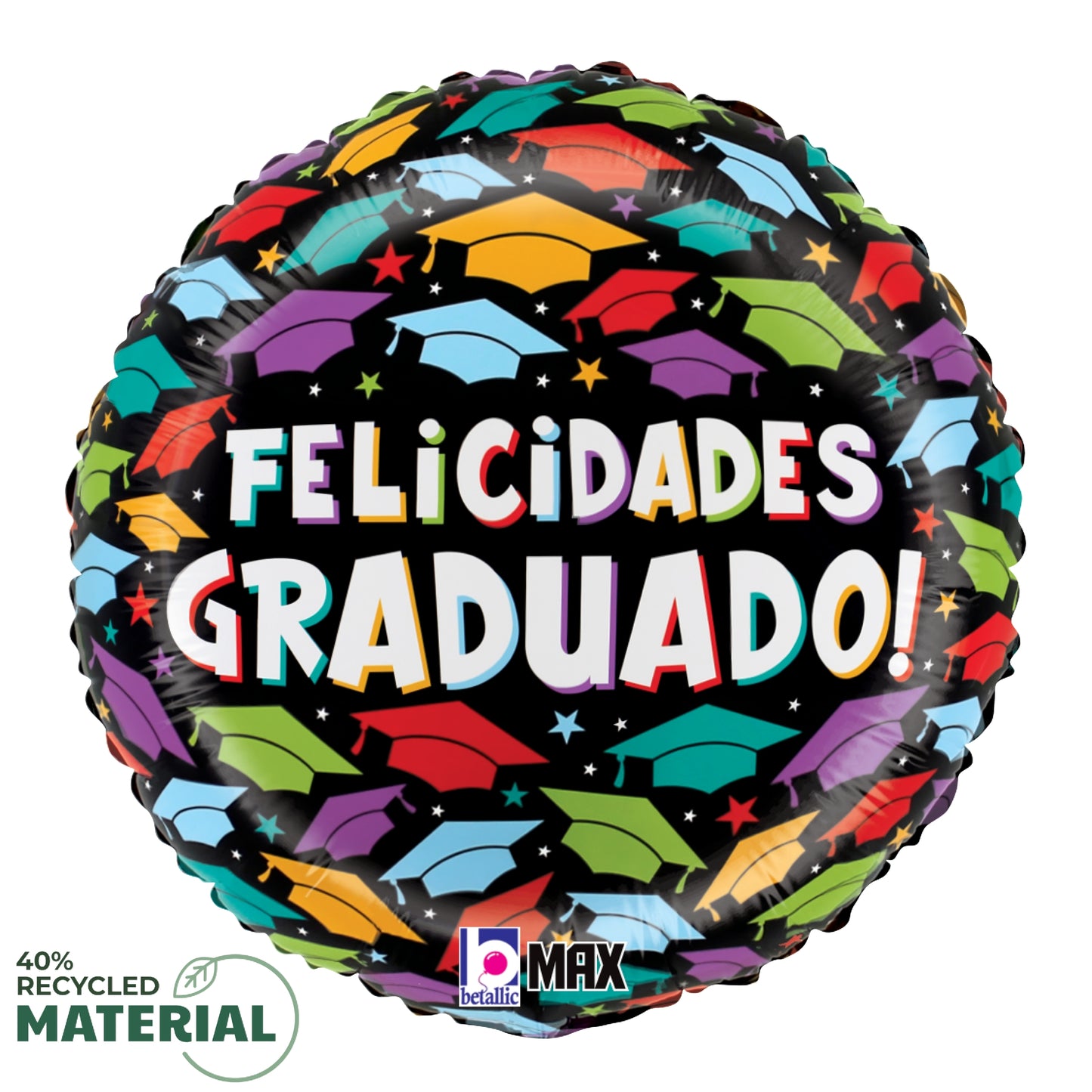 Round black foil balloon with colorful graduation caps and white text saying "Felicidades Graduado!".
