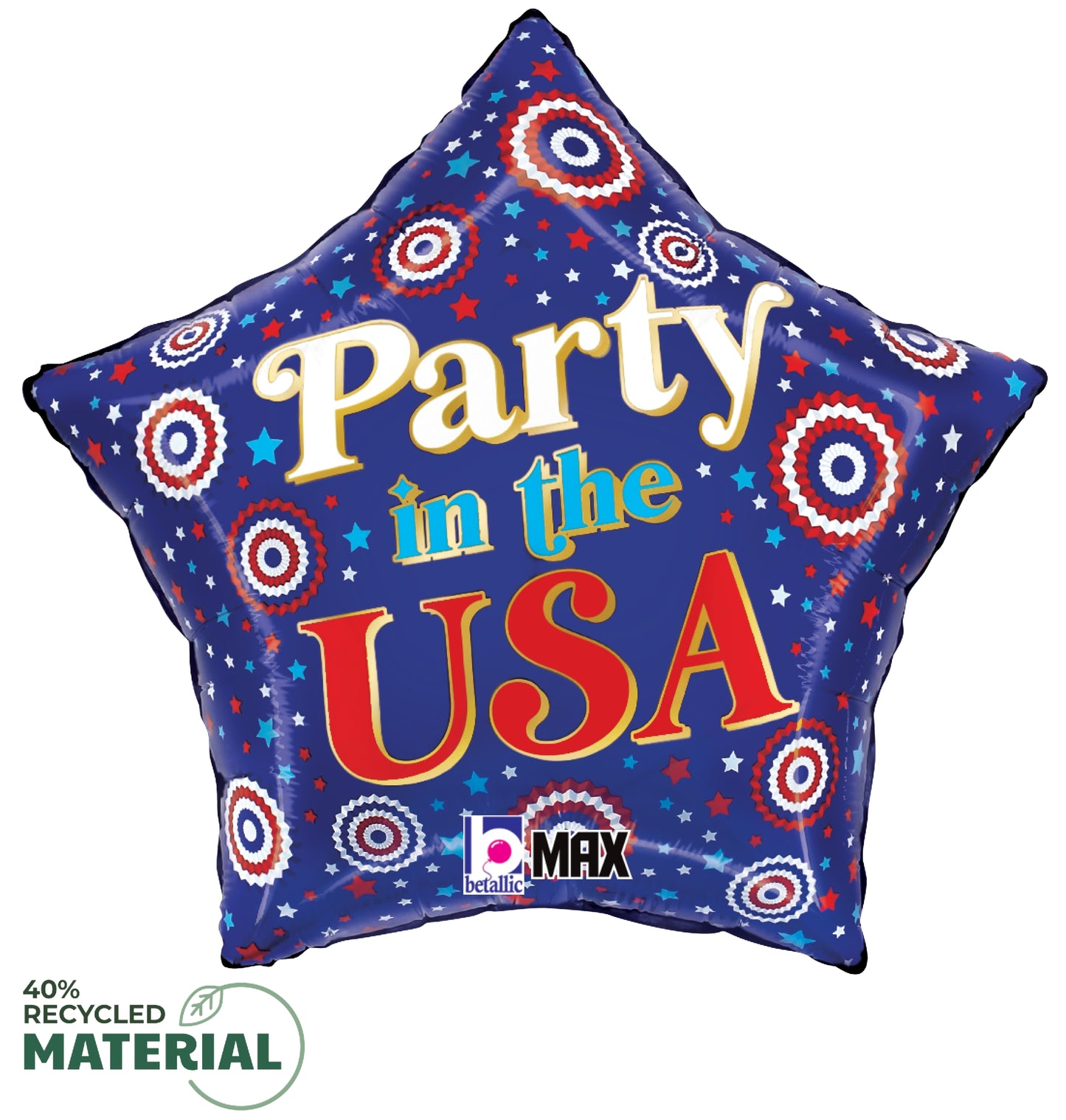Blue star-shaped balloon with red, white, and blue target patterns and "Party in the USA" text.