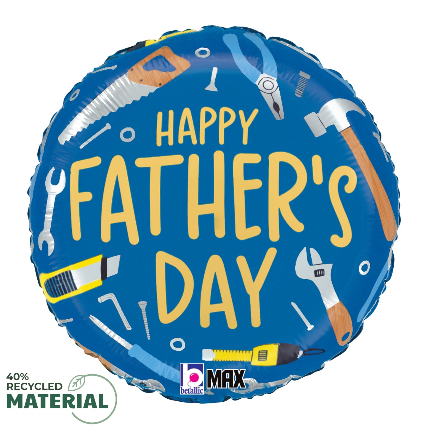 Blue round balloon with yellow "Happy Father's Day" text and colorful tool illustrations including hammer, saw, wrench, and.