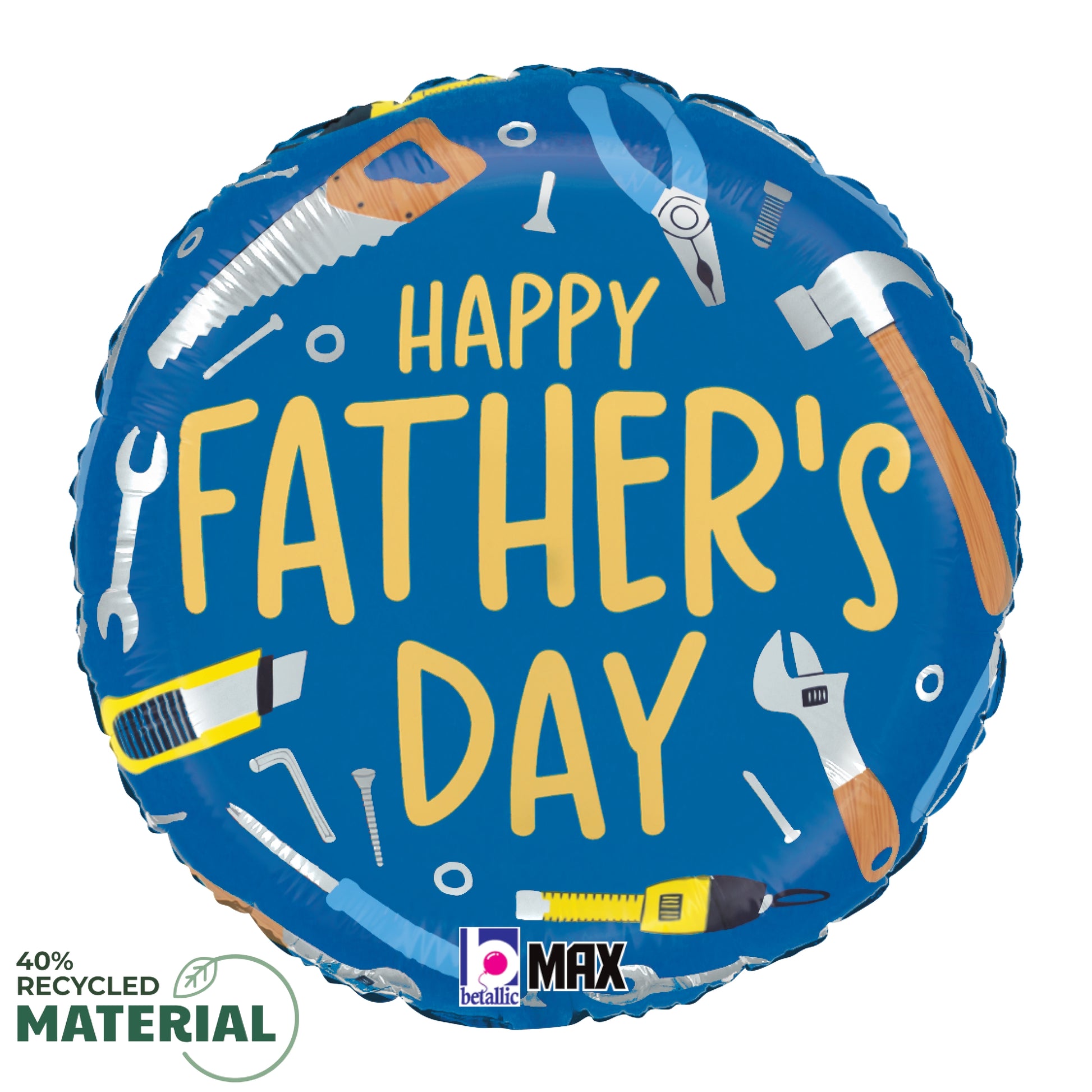 Blue round balloon with yellow "Happy Father's Day" text and colorful tool illustrations including hammer, saw, wrench, and.