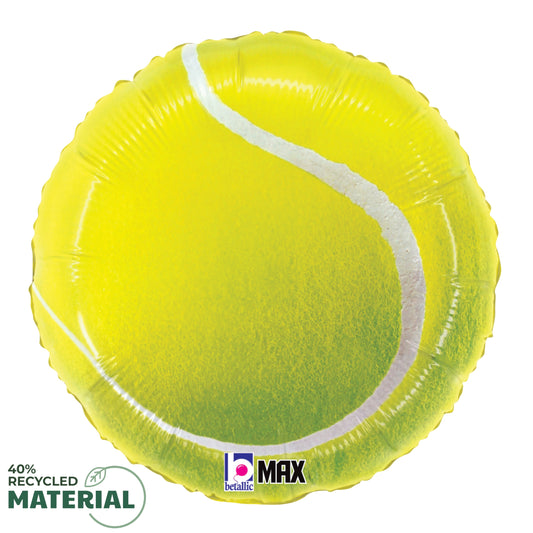 Yellow round foil balloon designed to look like a tennis ball with white curved lines and green shading.