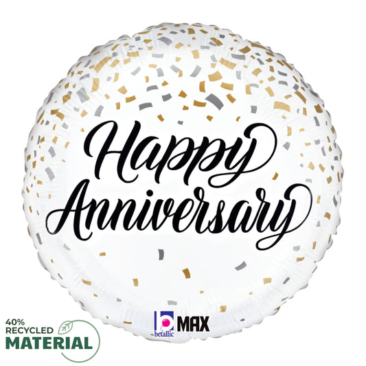 18-inch round white metallic balloon with gold and silver confetti and "Happy Anniversary" in black script.