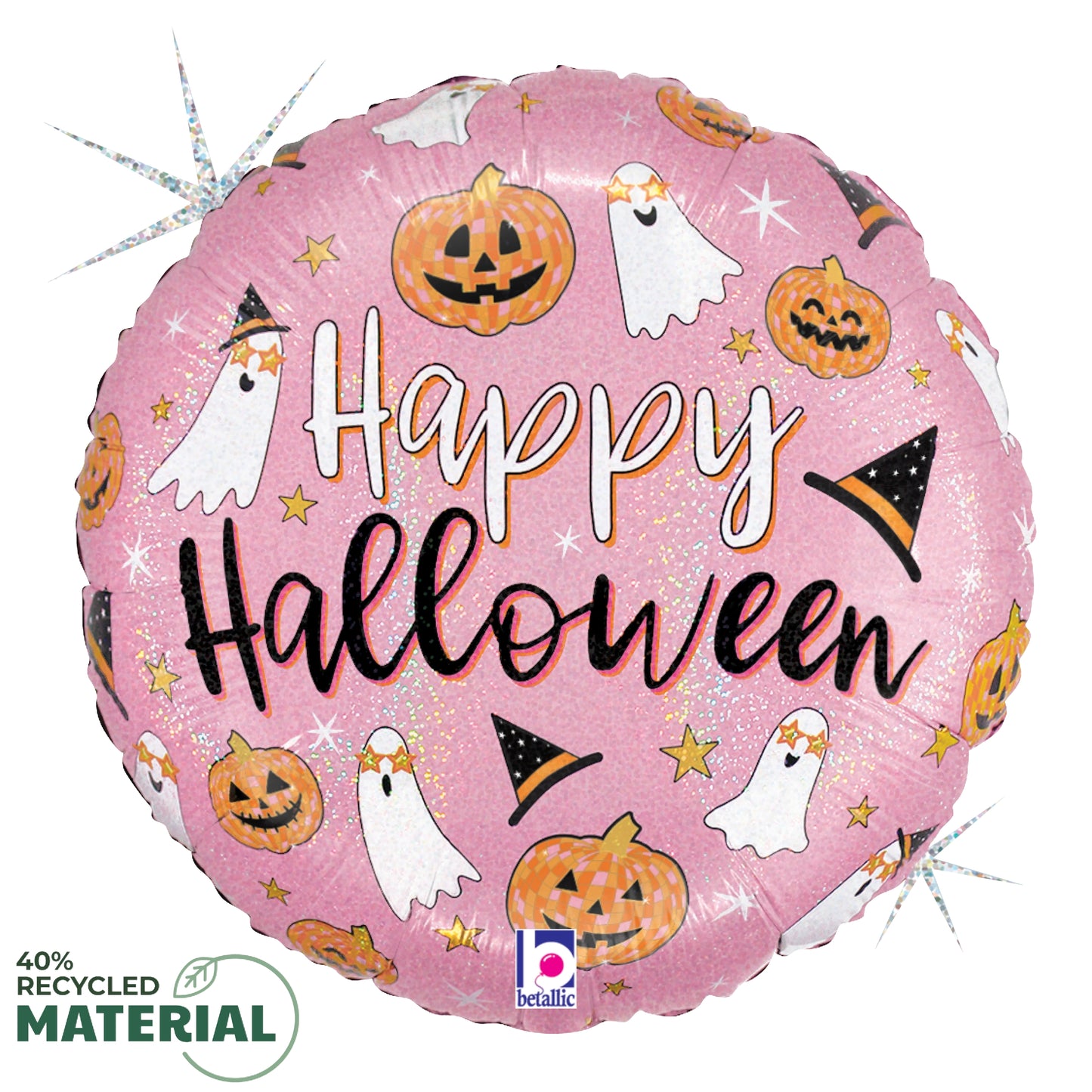 18-inch round pink foil balloon with glitter, decorated with pumpkins, ghosts, witches' hats, and "Happy Halloween" text.