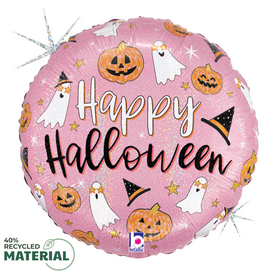 18-inch round pink foil balloon with glitter, decorated with pumpkins, ghosts, witches' hats, and "Happy Halloween" text.