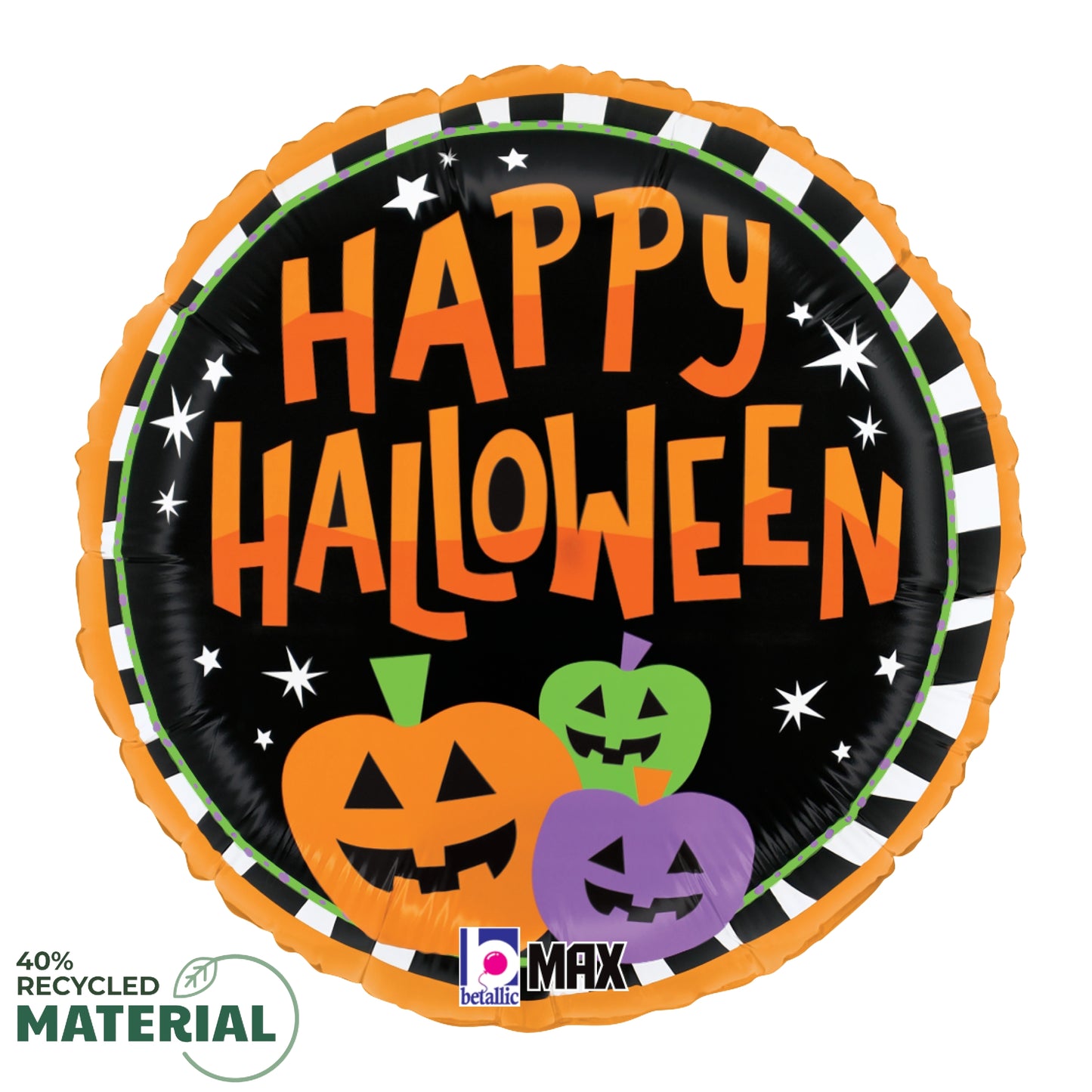 Round foil balloon with orange and green striped border, featuring orange "Happy Halloween" text and three smiling.