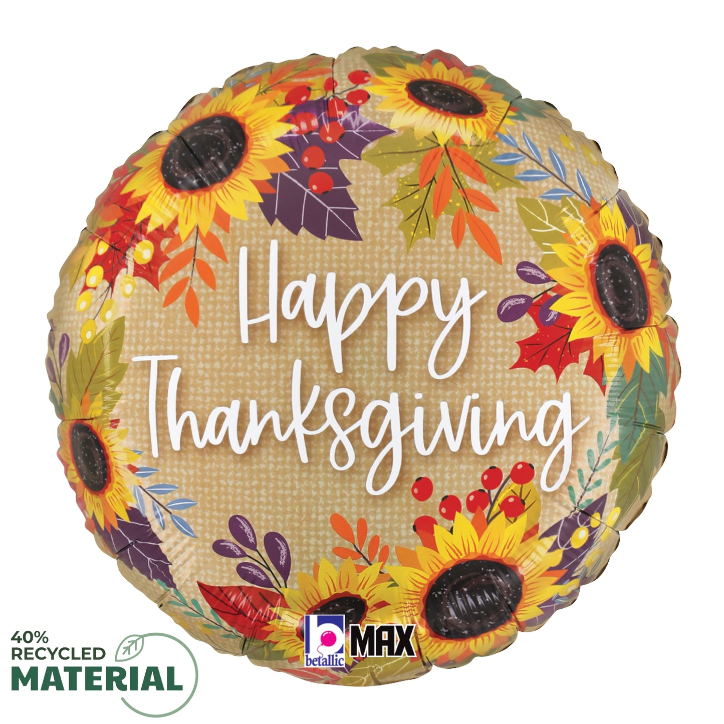 18-inch round foil balloon with sunflowers, autumn leaves, and "Happy Thanksgiving" text in white.