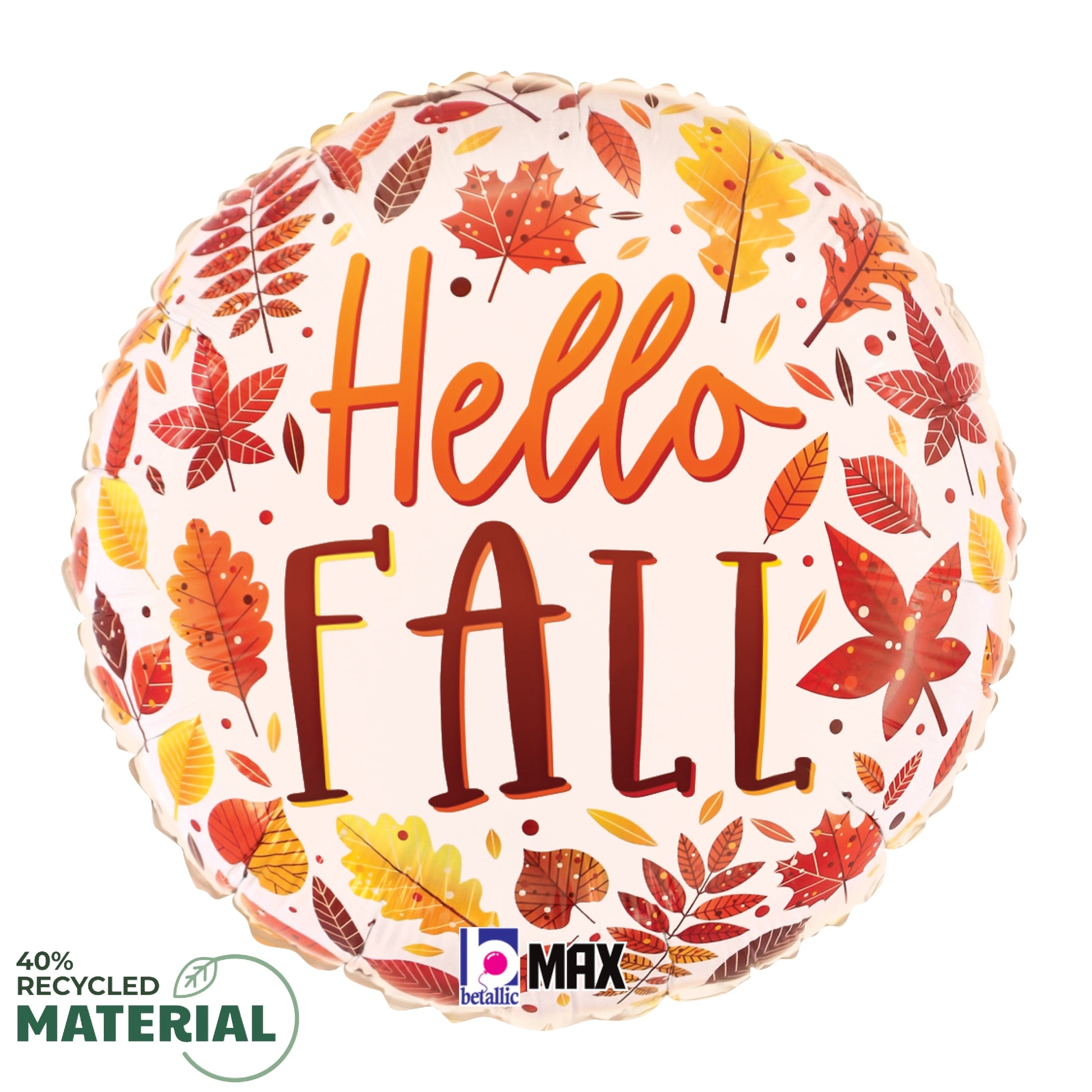Round foil balloon with colorful autumn leaves and "Hello Fall" text in orange and brown.
