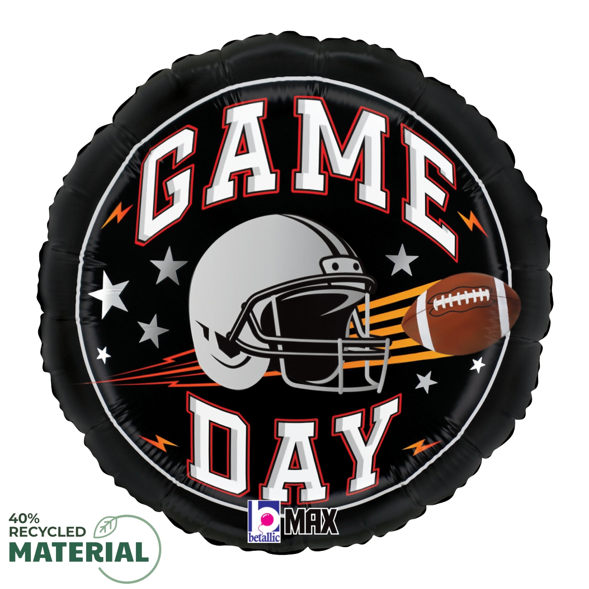 Round black foil balloon with white and red "GAME DAY" text, gray football helmet, and brown football graphic.