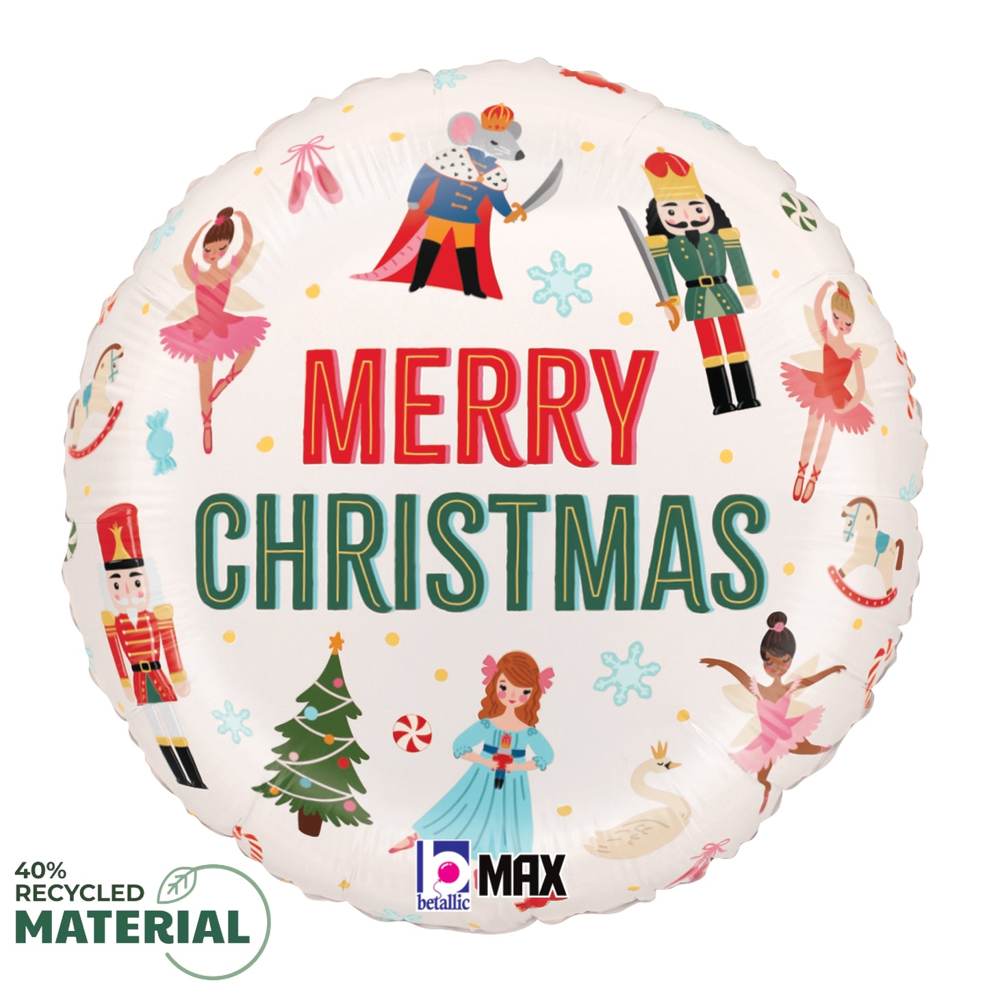 Round white foil balloon with colorful ballet nutcracker characters, Christmas tree, and "Merry Christmas" text.