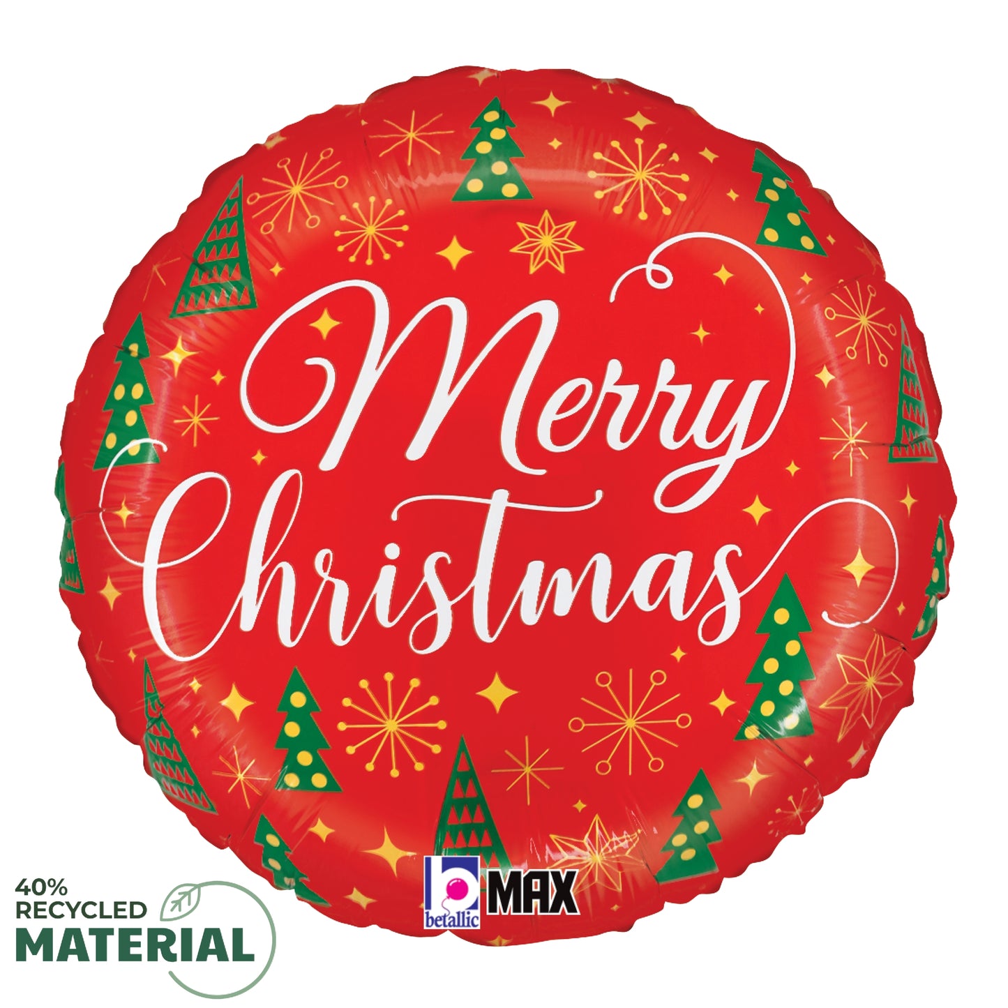Red round foil balloon with white "Merry Christmas" text, decorated with green Christmas trees and gold stars.