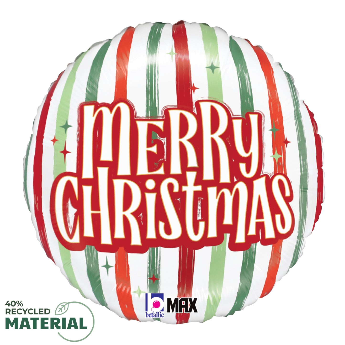Round foil balloon with vertical red, green, and white stripes and "Merry Christmas" in bold red letters.