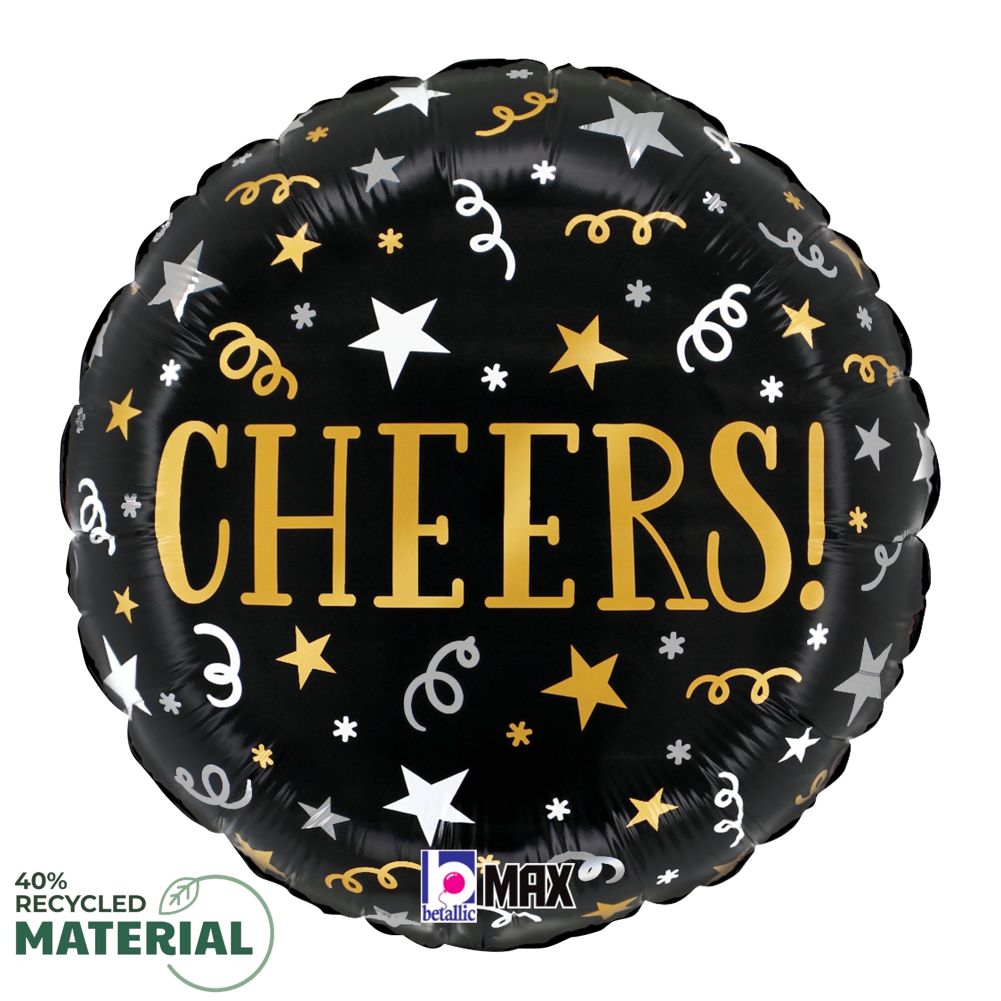 Black round foil balloon with gold "CHEERS!" text, decorated with gold and white stars and streamers.