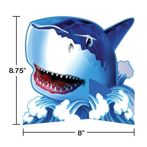 3D blue shark centerpiece with open mouth, sharp teeth, and white splashing waves base, 8.75" tall and 8" wide.