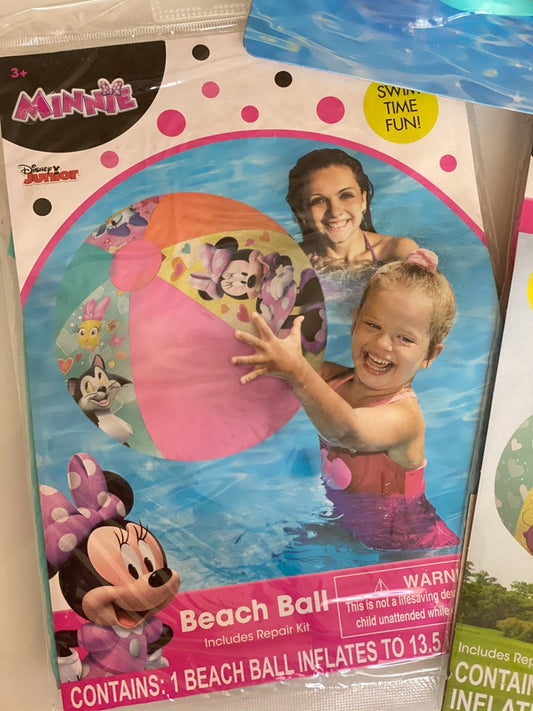20-inch round inflatable beach ball with pink, white, and purple panels featuring Minnie Mouse designs.