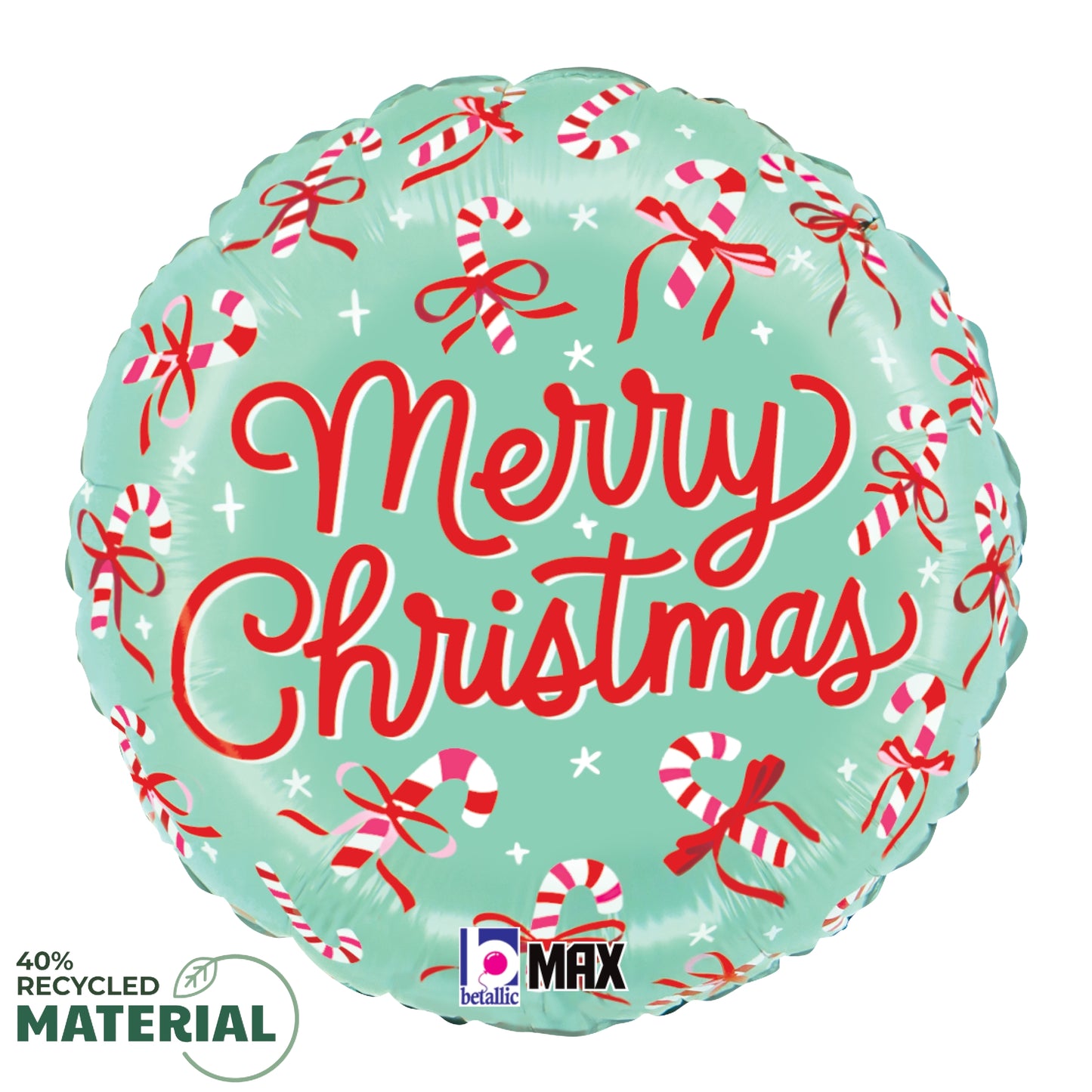 Round light blue foil balloon with red "Merry Christmas" text and red and white candy cane bow patterns.