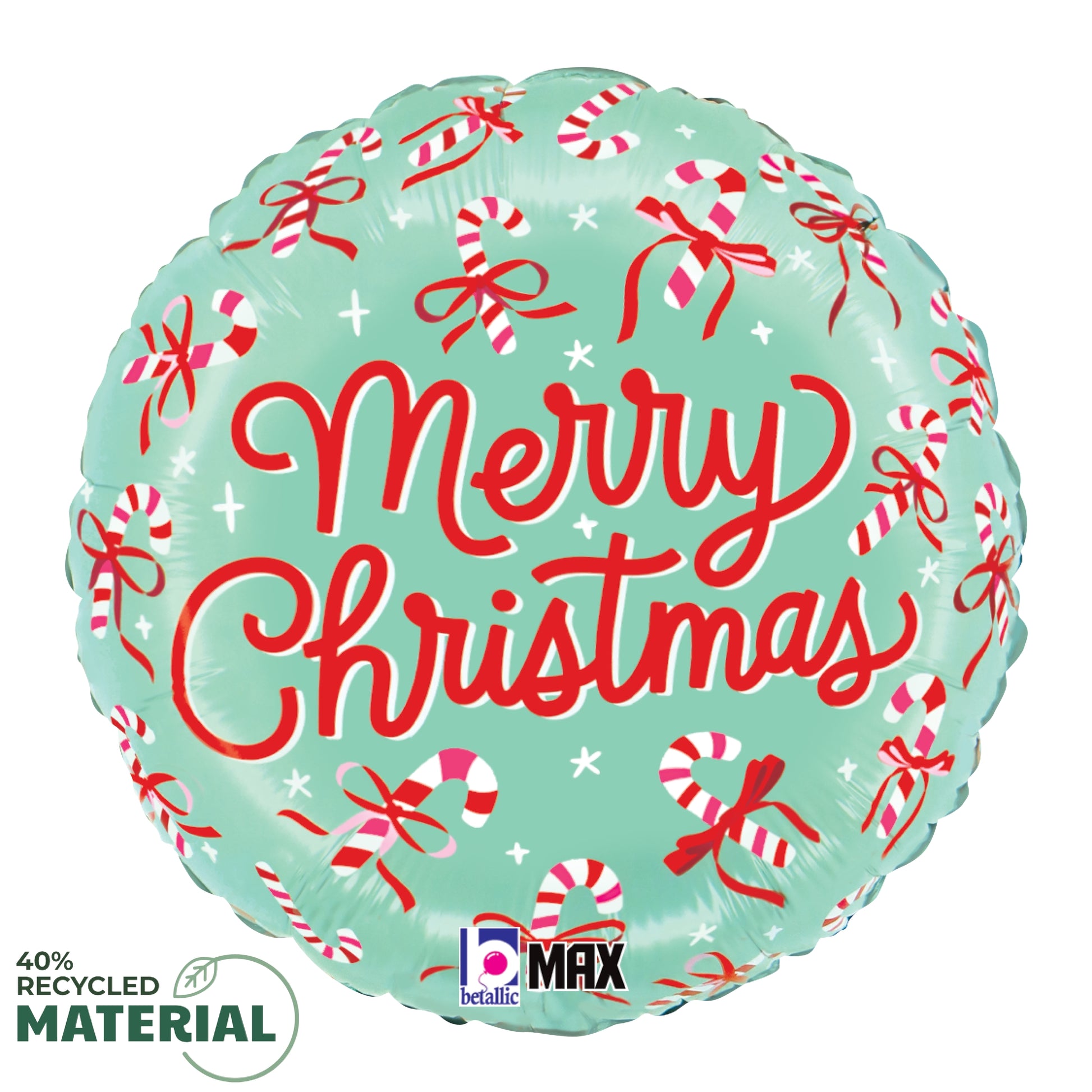 Round light blue foil balloon with red "Merry Christmas" text and red and white candy cane bow patterns.