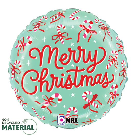 Round light blue foil balloon with red "Merry Christmas" text and red and white candy cane bow patterns.