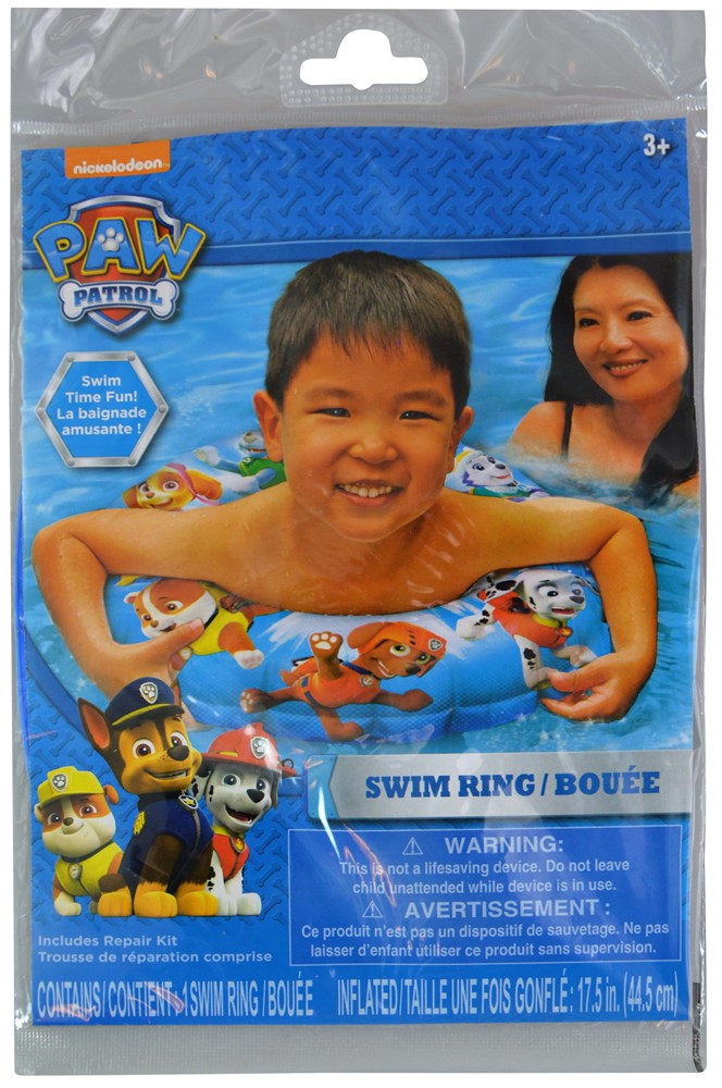 Orange inflatable swim ring featuring Paw Patrol characters and graphics around the inner circle.