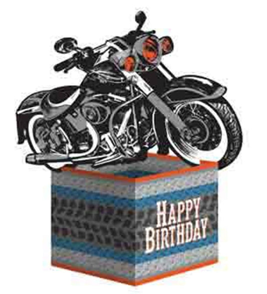 Black and silver motorcycle centerpiece on a blue and gray tire tread patterned base with "Happy Birthday" text.