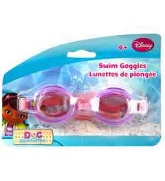 Pink swim goggles with clear lenses and adjustable strap, featuring Doc McStuffins branding on packaging.