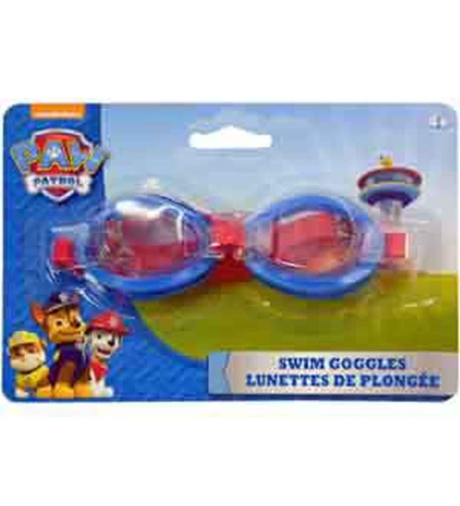 Blue and red Paw Patrol-themed swim goggles with adjustable strap, packaged for kids ages 4+.