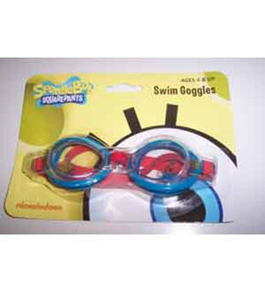 Blue and red plastic swim goggles with clear lenses and a SpongeBob SquarePants design on the strap packaging.