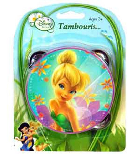 Round tambourine featuring a colorful Tinker Bell design with pink and silver jingles.