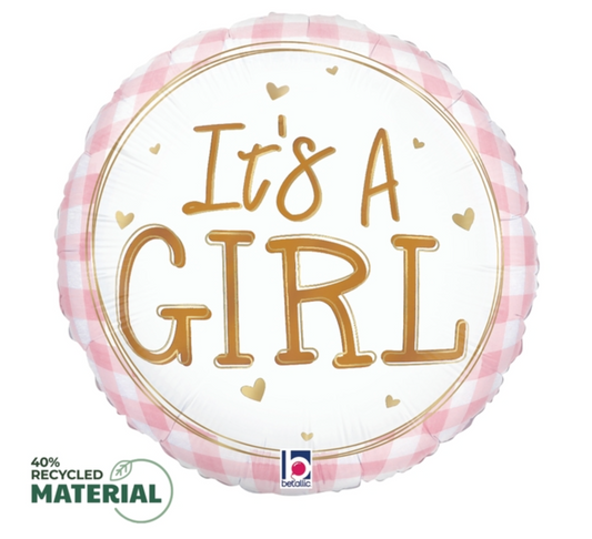 Betallic Baby Girl Gingham 18 inch MAX Float Round Foil Balloon Packaged 1ct