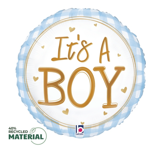 Betallic Baby Boy Gingham 18 inch MAX Float Round Foil Balloon Packaged 1ct