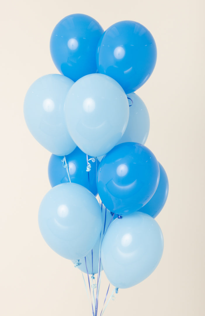 Bundle of ten 11-inch helium-filled latex balloons in varying shades of blue.
