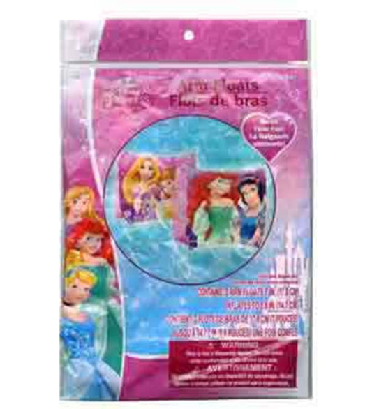 Pink inflatable arm floaties with Disney princesses graphics, designed for kids' swimming safety.