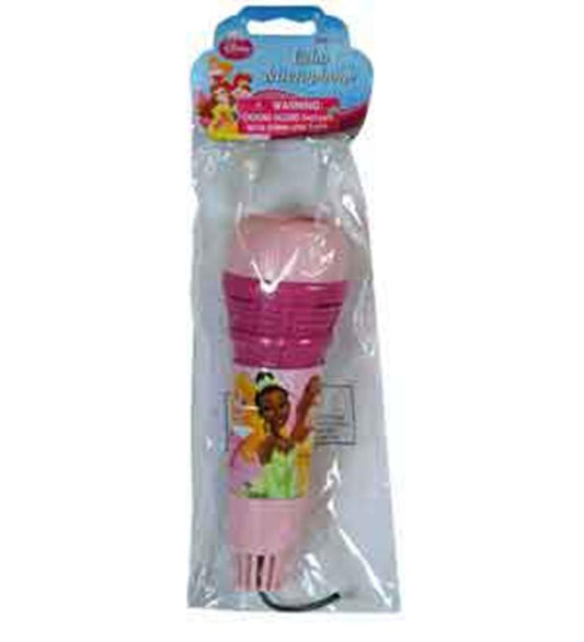 Pink plastic toy microphone with ridged grip and Disney Princesses graphic on handle in clear package.