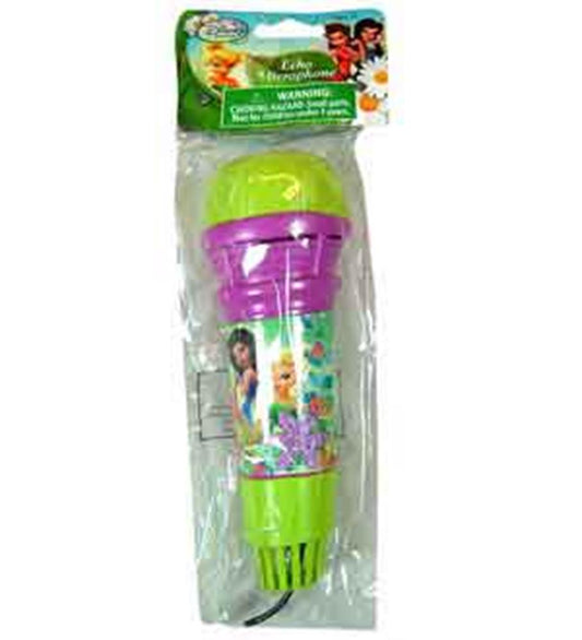 Green and purple Tinkerbell-themed echo microphone with fairy graphics and plastic body in clear packaging.