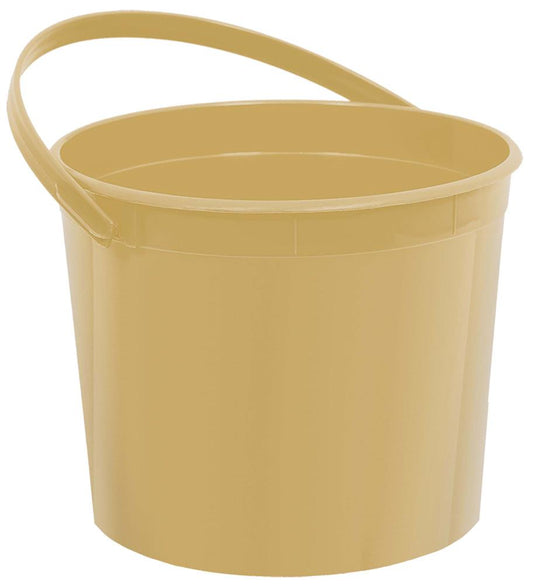Gold-colored plastic bucket with a smooth surface and a flexible handle.