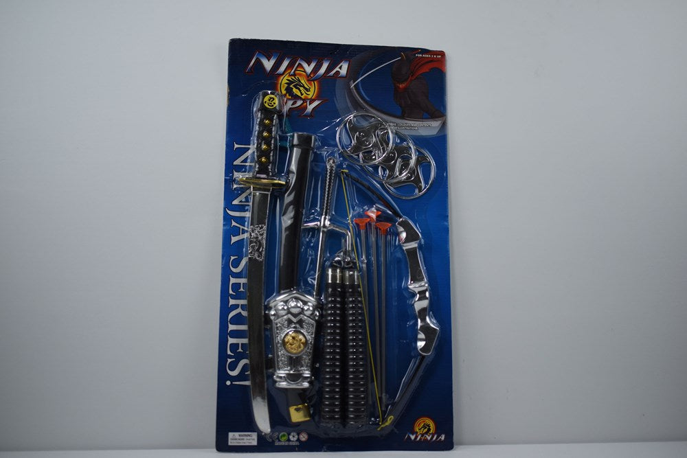 Black and gray toy sword with silver guard, red and black toy bow, and multiple black foam arrows in blister pack labeled.