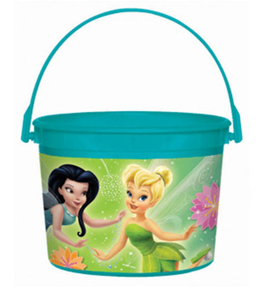 Turquoise plastic bucket with handle featuring Tinkerbell and a dark-haired fairy on a green floral background.