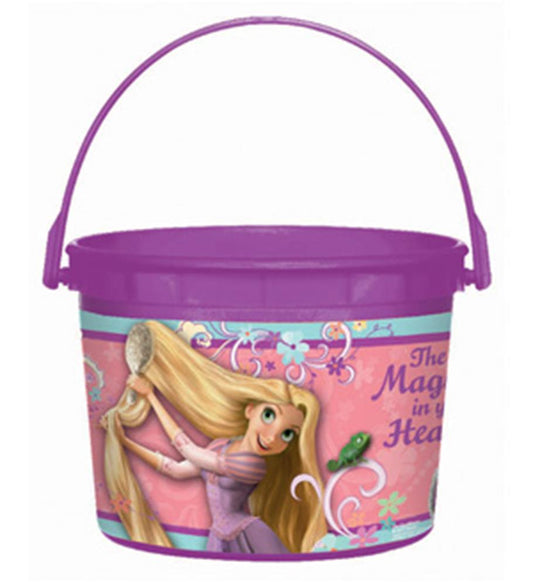 Purple plastic bucket with a handle featuring Rapunzel from Disney's Tangled and swirling floral designs on a pink.