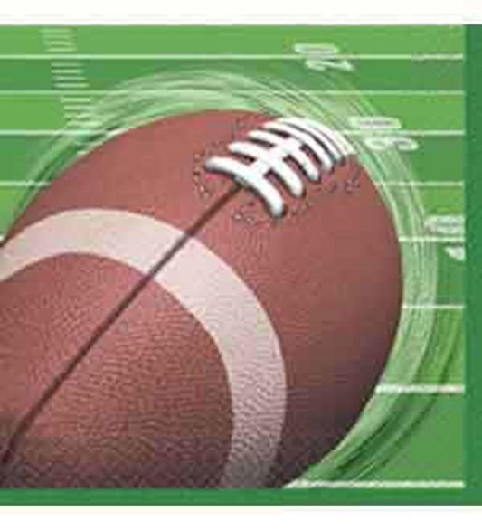 Green napkin with a large brown football and white laces on a football field design.
