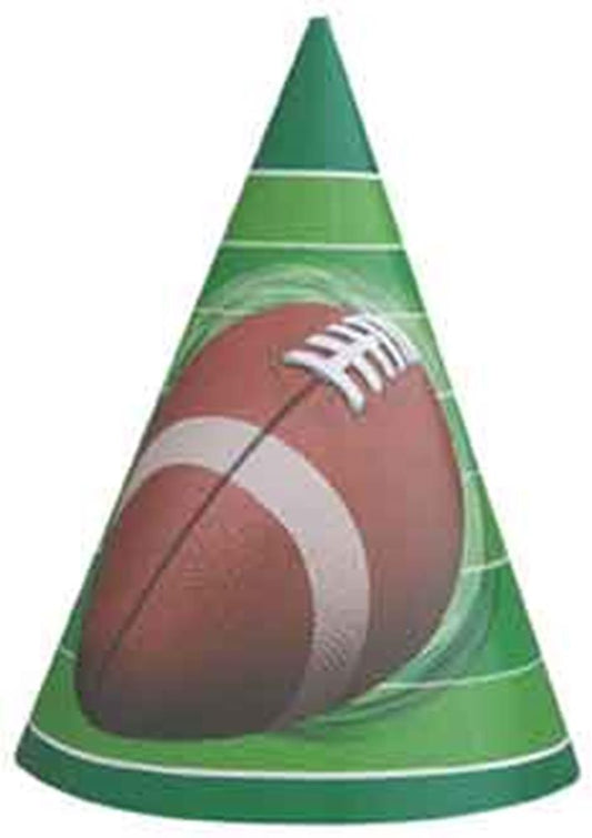 Green cone-shaped party hats with a large football graphic and white laces printed on them.