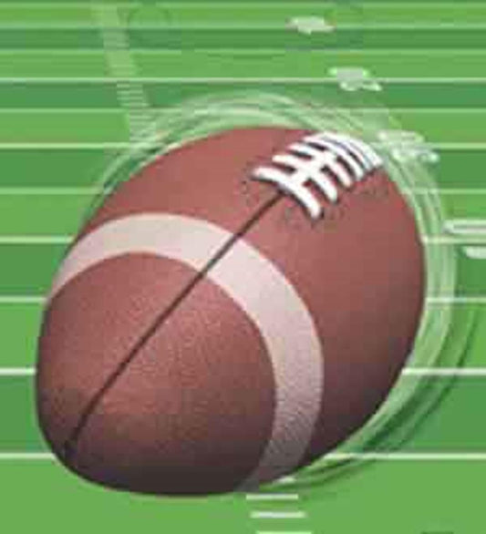 Brown football-shaped lootbag with white laces and spiral motion effect on a green football field background.